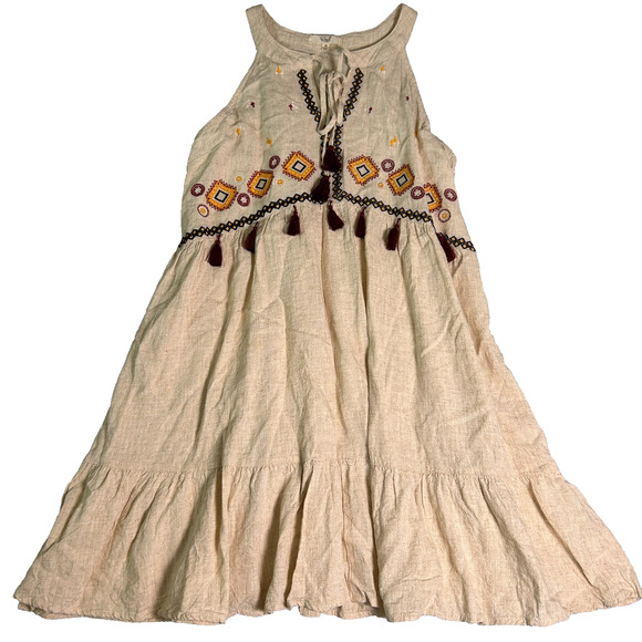 Easel Mini Linen Blend Halter Dress Womens M Boho Embroidered Cottagecore Flowy - Picture 3 of 9